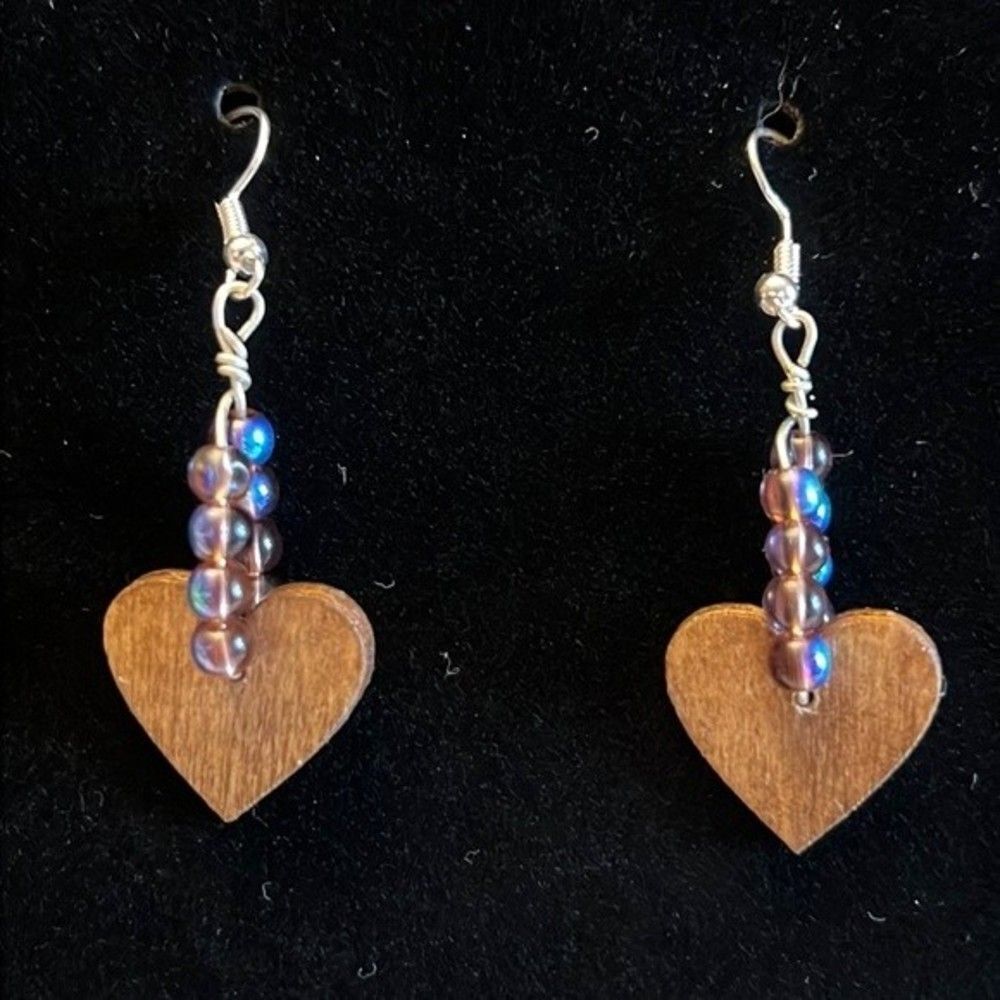 Handcrafted pink iridescent bead wood earrings with silver tone hardware